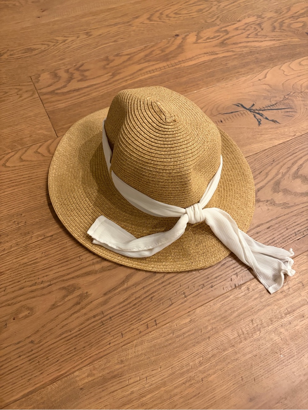 Straw Sun Hat with White Scarf Tie